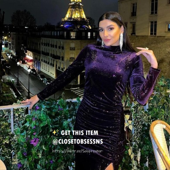 NWT ZARA Sparkly Purple Midi Long Sleeve Dress w Slit & Ruching keyhole back - Picture 3 of 17